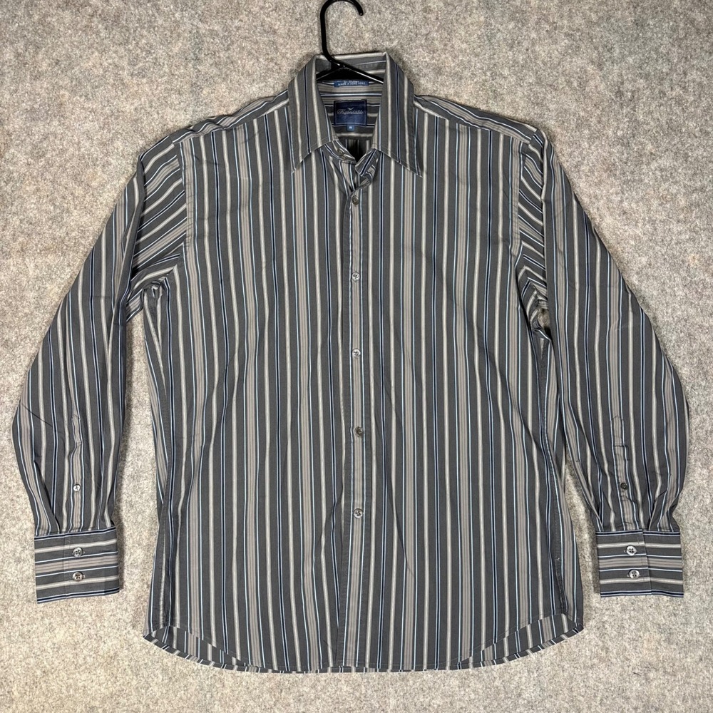 Faconnable Button Down Shirt Mens M Grey Blue Striped Stretch Long Sleeve VTG